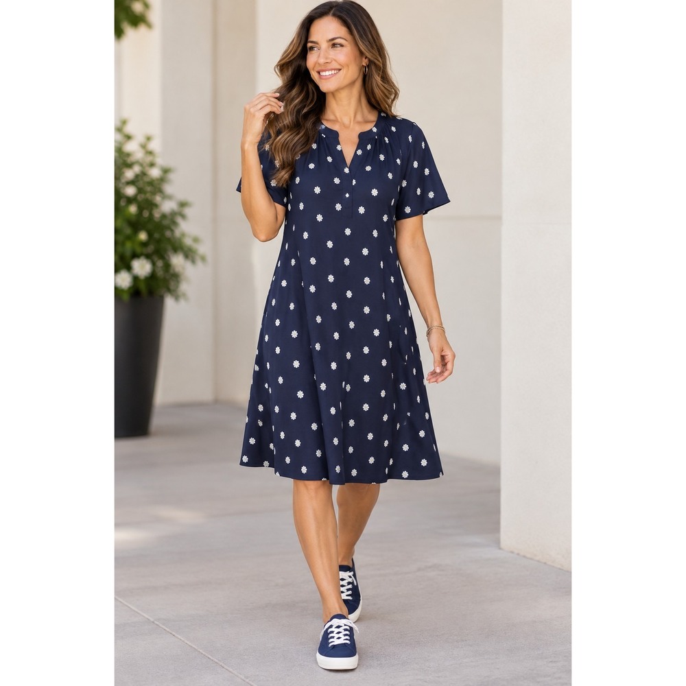 J.Jill Wearever Medium Navy Ditsy Floral Swing Dress Flutter Sleeve V Neck